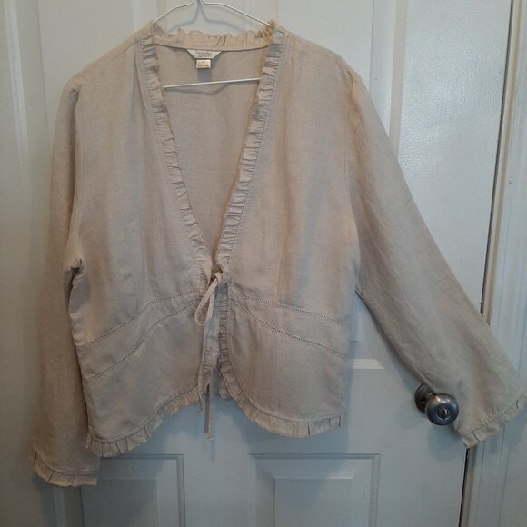Christopher & Banks Linen Blend Jacket; Lightweight; Tie Front w/Ruffled Edge - Picture 1 of 4